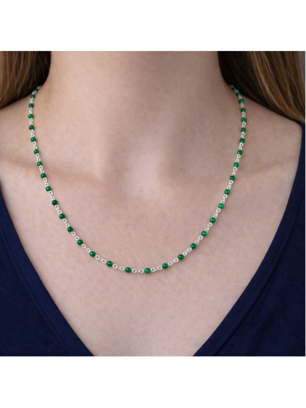 Necklace - 18” Stainless Steel Silver tone Necklace with Green Bead Accents - Picture 2 of 5